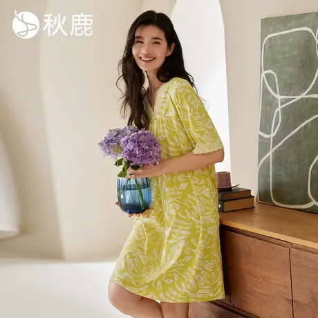 秋鹿蕾丝花边V领显瘦纯棉睡裙女2025夏季新款大码短袖睡衣可外穿商品大图