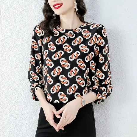 春秋2023新款圆领气质九分䄂宽松显瘦漂亮碎花洋气别致雪纺女上衣图片