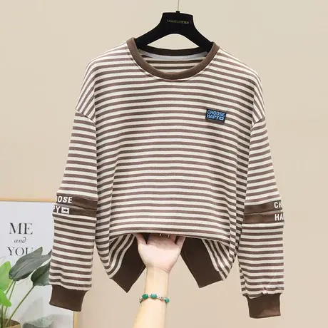 2023年秋季新款百搭卫衣圆领黑白条纹长袖套头上衣宽松灯笼袖女装商品大图