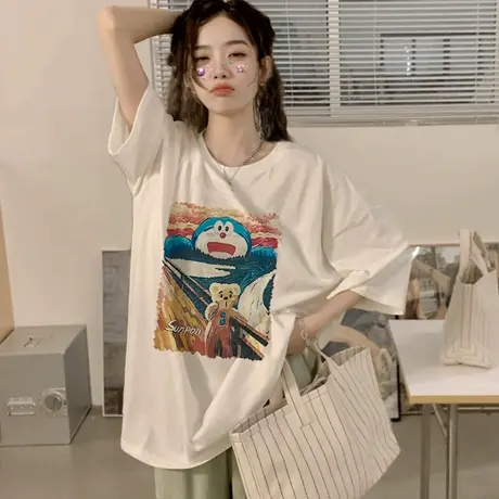 韩版宽松上衣女潮短袖chic复古设计感印花纯棉t恤ins休闲宽松夏季商品大图