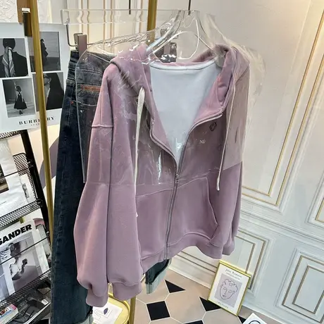 拉链开衫卫衣外套女春秋款短款宽松百搭薄款慵懒风连帽粉色开春装商品大图