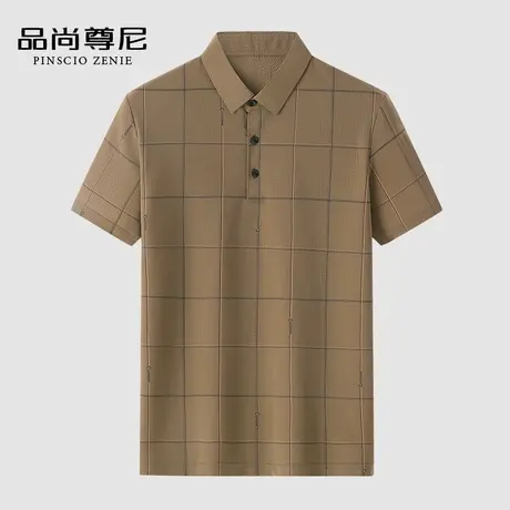 【凉感透气】冰丝短袖T恤男中年爸爸装夏季棋盘格翻领休闲POLO衫商品大图