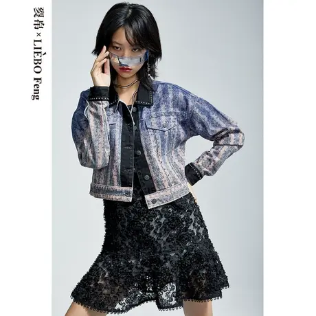 裂帛LIEBOFeng原创设计2023年秋撞色渐变仙女紫铆钉短款牛仔外套图片