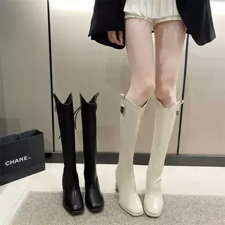 粗跟气质v口女靴春秋2023年新款法式骑士靴爆款显瘦不过膝长筒靴图片