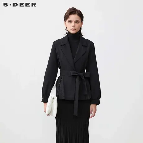 sdeer圣迪奥复古西装领收腰灯笼袖网纱外套S24182213图片