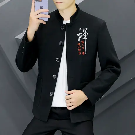 秋季男士新式复古外套潮流刺绣立领中国风西服唐装中山装夹克西装商品大图