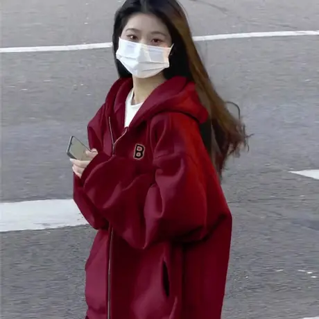 银狐绒卫衣女秋冬加绒加厚宽松开衫拉链情侣装上衣服ins潮牌外套商品大图