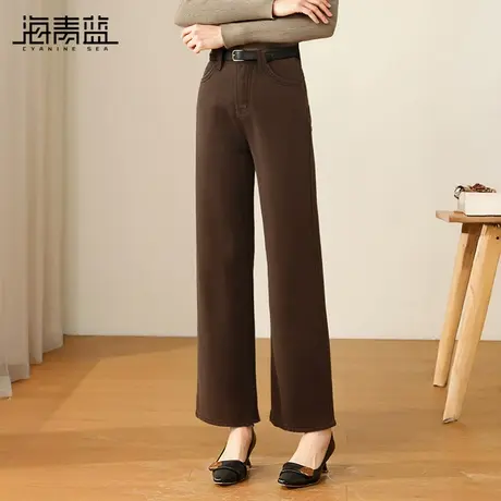 海青蓝复古咖啡色牛仔裤女加绒阔腿裤秋冬2024新款高腰垂感直筒裤商品大图