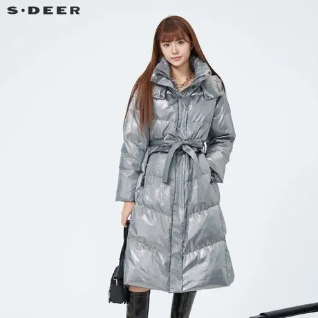 sdeer圣迪奥女装高领连帽收腰亮面长款羽绒服S23482402图片