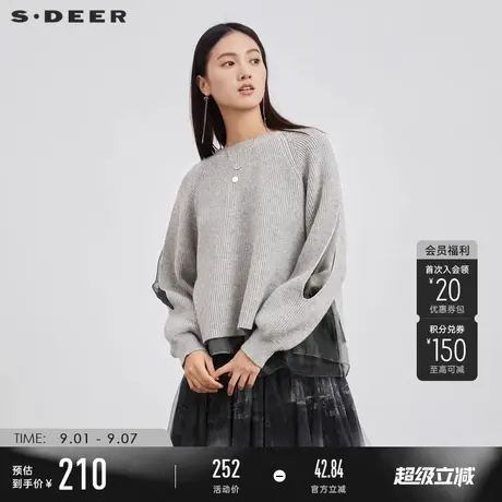 sdeer圣迪奥秋季女装罗纹圆领印花欧根纱针织毛衣S223Z3561商品大图