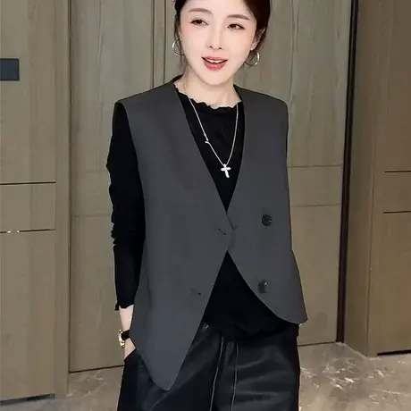 灰色不规则V领无袖西装马甲女2025秋款设计感气质叠穿马夹坎肩潮商品大图