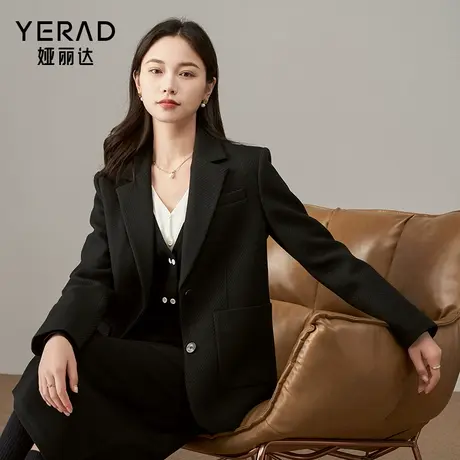 娅丽达气质加厚仿毛呢黑色西装外套女2025秋冬新款宽松夹棉小西服商品大图