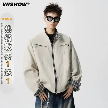 VIISHOW复古水洗帆布立领夹克男秋宽松千鸟格拼接短款哈灵顿外套商品大图