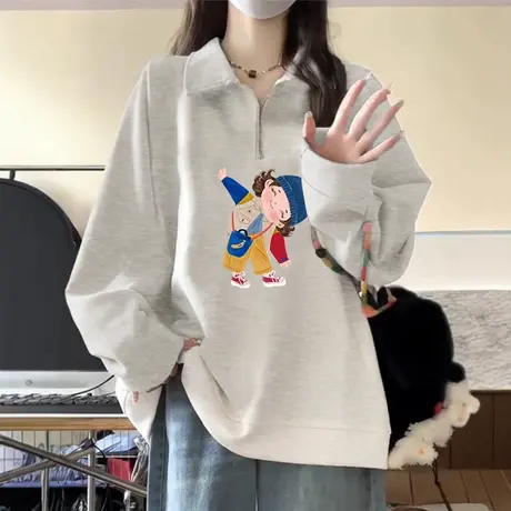 翻领正肩卫衣女韩版春秋款大码宽松小个子外套ins潮洋气减龄上衣商品大图