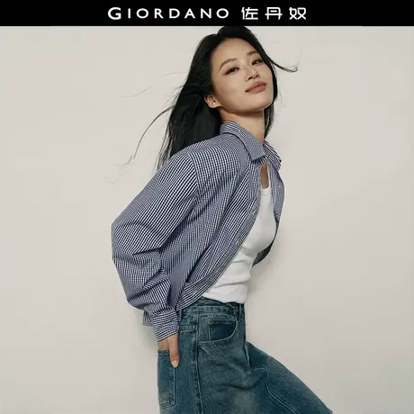 【韩国同款】佐丹奴格纹衬衫女新款纯棉短款宽松长袖衬衣05345891商品大图