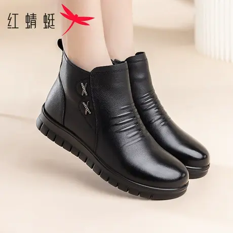 红蜻蜓女鞋休闲舒适平底踝靴真皮复古百搭加绒中老年妈妈鞋女短靴图片