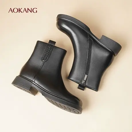 奥康 女鞋冬季新款切尔西靴真皮加绒保暖女靴羊皮粗跟短靴马丁靴L图片