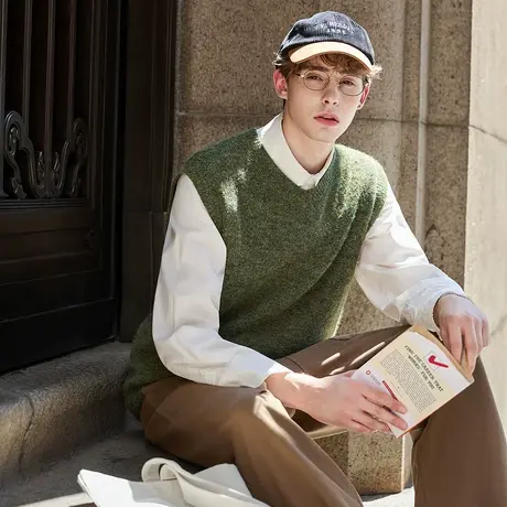 唐狮秋冬季毛衣男款背心小v领花纱外穿百搭休闲绿色毛线衫TMTA图片