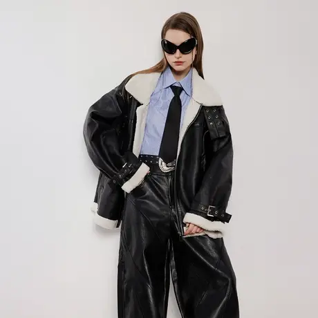 潮牌机车风PU皮棉服女冬季加厚羊羔毛外套2023年新款复古宽松棉衣商品大图