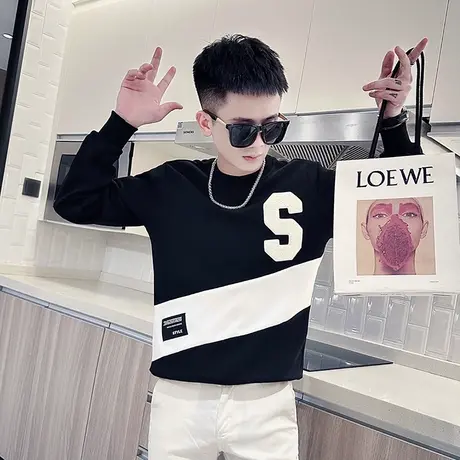 长袖T恤秋季2023新款ins网红个性撞色拼接设计感青年卫衣外套休闲商品大图