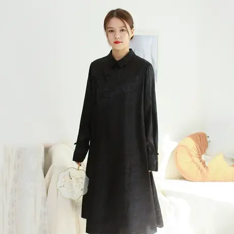 胖妹妹秋季新品新中式改良旗袍连衣裙大码微胖复古显瘦长袖旗袍裙商品大图