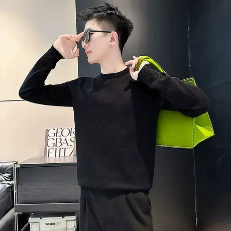 毛衣男秋冬纯色简约菱格设计感线衣体恤ins轻熟风针织打底衫体恤商品大图