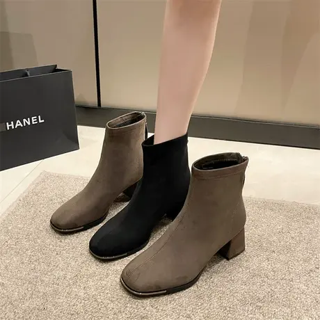 马丁靴女秋季新款2023气质小短靴通勤法式粗跟高跟复古显瘦弹力靴图片