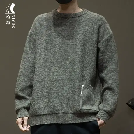 希越北极绒重磅圆领针织衫男秋冬季加肥加大慵懒复古毛衣打底衫潮商品大图