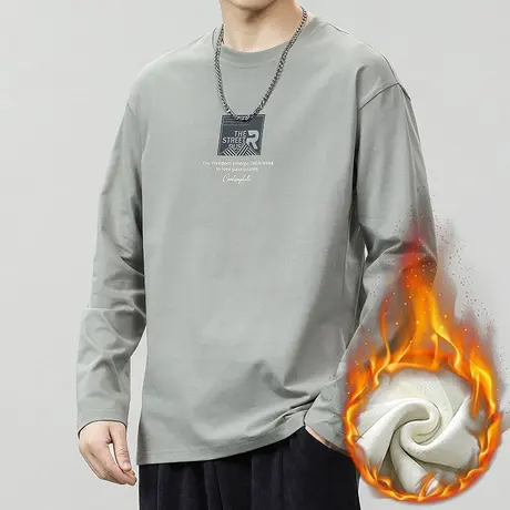 男士冬季内搭纯棉加绒加厚保暖打底衫秋冬款宽松重磅长袖圆领T恤商品大图