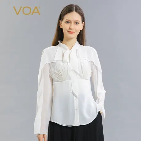 VOA真丝30姆米重磅拼接V领长袖活页设计亲肤牛奶白纯色桑蚕丝衬衫商品大图
