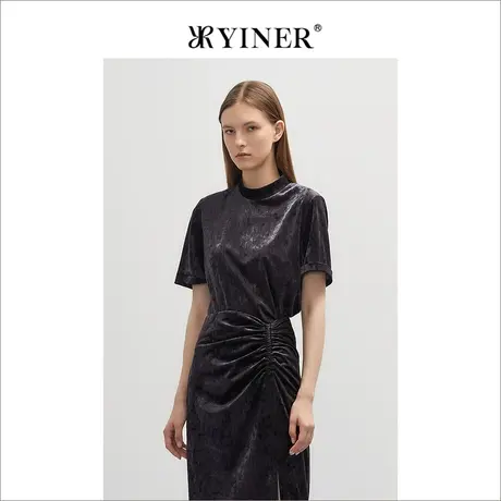 YINER音儿女装春季时尚丝绒五分袖圆领套头衬衫商品大图