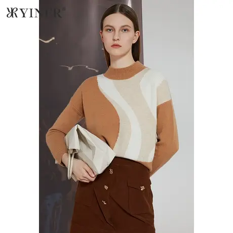 *YINER音儿女装冬季拼色羊毛含羊绒针织衫商品大图