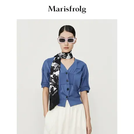 【意大利进口面料】玛丝菲尔夏季新款深海蓝格纹编织开衫图片