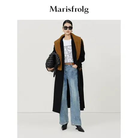 【山羊绒双面呢大衣】玛丝菲尔冬季黑色气质翻领毛呢外套商品大图