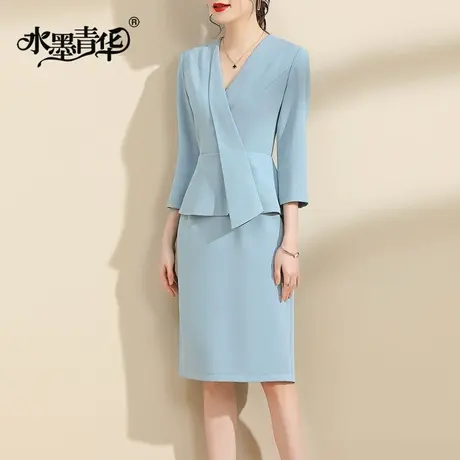 水墨青华2024春装新品通勤百搭打底裙气质优雅时尚假两件连衣裙商品大图