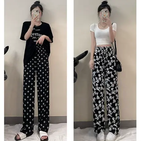 花裤子阔腿裤女夏季薄款2023新款高腰垂感雪纺直筒休闲裤冰丝裤子图片