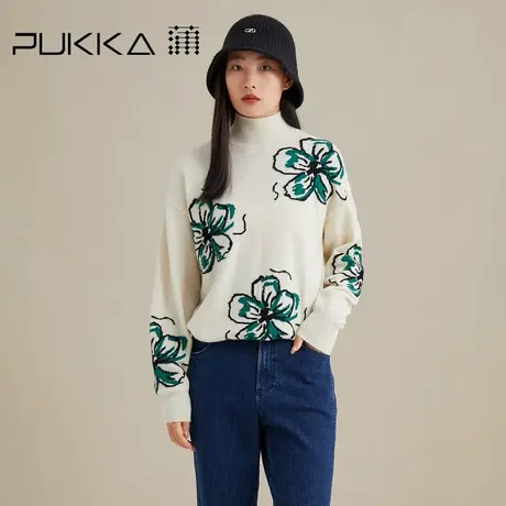 蒲PUKKA 毛衣女高领古风印花修身绵羊毛针织衫保暖打底毛衫图片