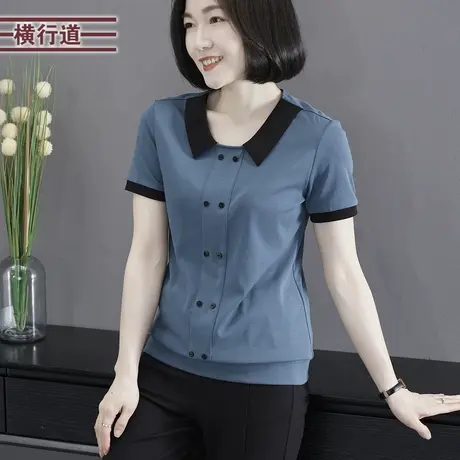 2025夏季新款韩版纽扣娃娃领撞色边宽松短袖T恤女装外穿上衣大码商品大图