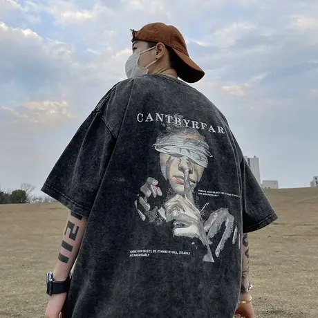 美式水洗做旧短袖T恤男夏季新款高街复古潮牌痞帅潮流半截袖衣服商品大图