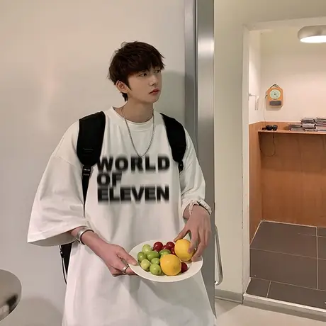 模糊字母短袖T恤男女夏季薄款百搭休闲半袖港风美式国潮棉质体恤商品大图