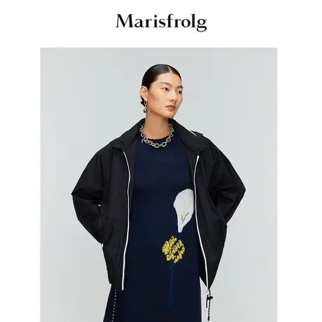 玛丝菲尔女装春新款黑色连帽立领风衣式短外套空气夹克轻薄商品大图