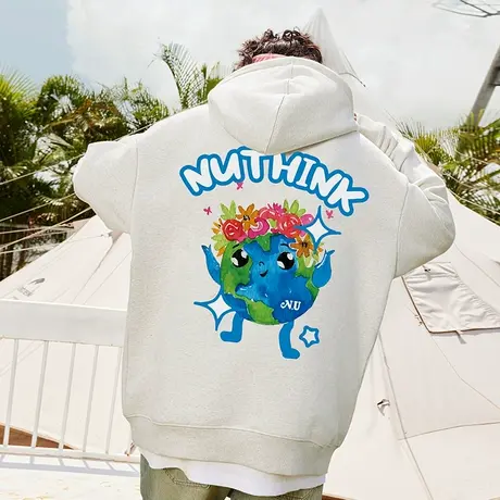 Nuthink重磅420g欧美潮牌搞怪地球卫衣春季男潮大码宽松连帽外套商品大图