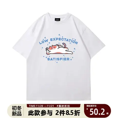 纯棉短袖t恤男2023夏季新款趣味美式猫咪印花ins潮牌宽松上衣商品大图