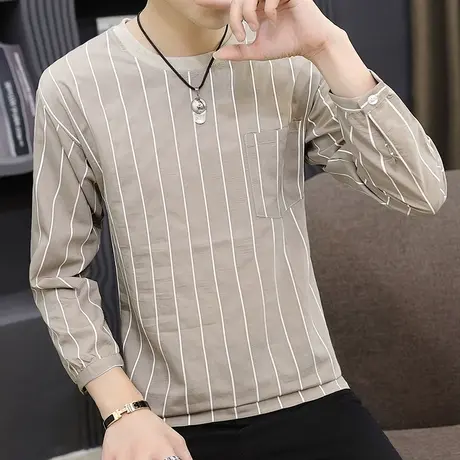 条纹长袖t恤男士春秋季韩版潮流薄款圆领卫衣打底衫潮牌男生秋装商品大图