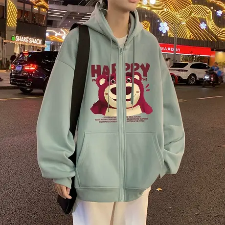 卡通草莓小熊连帽卫衣男春秋季美式休闲情侣潮牌开衫宽松拉链外套商品大图