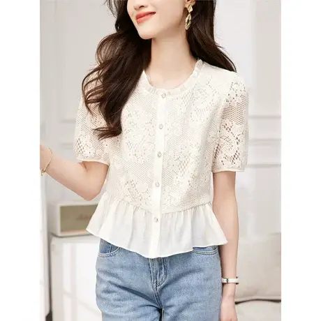 时尚气质圆领短袖衬衫2023年夏季新款淑女温甜美柔显瘦通勤上衣图片