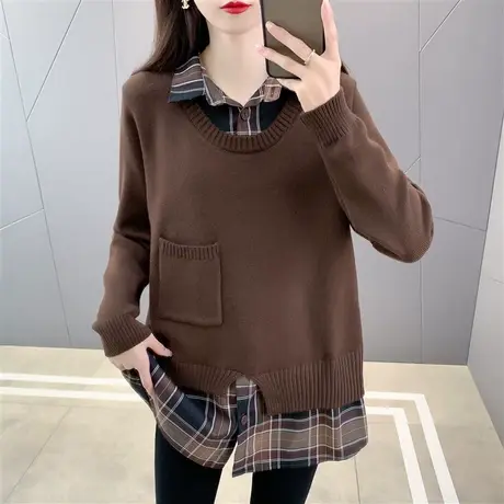 韩版假两件针织衫女上衣2023秋装新款中长宽松格子衬衫领拼接毛衣商品大图