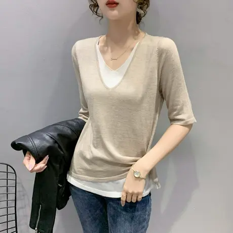 v领假两件针织衫女2023春秋新款打底衫内搭上衣外穿中袖毛衣套头图片