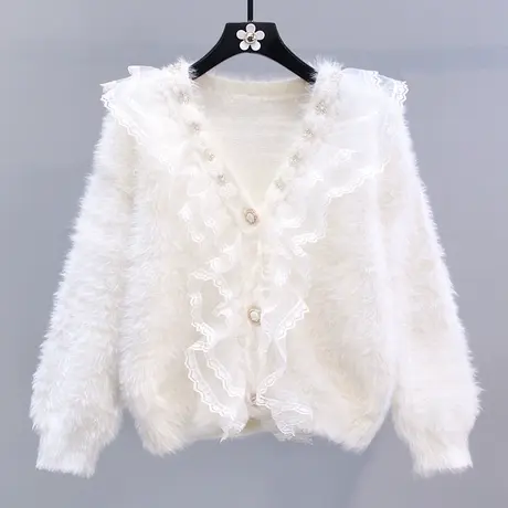 镶钻钉珠荷叶边水貂绒毛衣外套女秋冬2023新款宽松慵懒风针织开衫商品大图