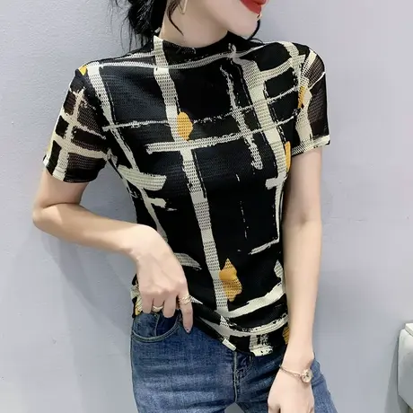 时尚半高领T恤女短袖欧货洋气拼色印花上衣修身内搭网纱打底衫潮图片